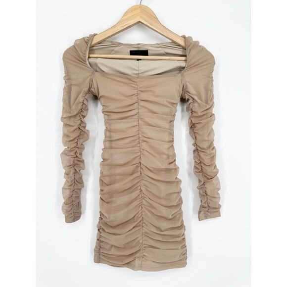 Michael Costello x REVOLVE Franky Mini Dress Mesh Ruched Long Sleeve, Taupe - Picture 6 of 14